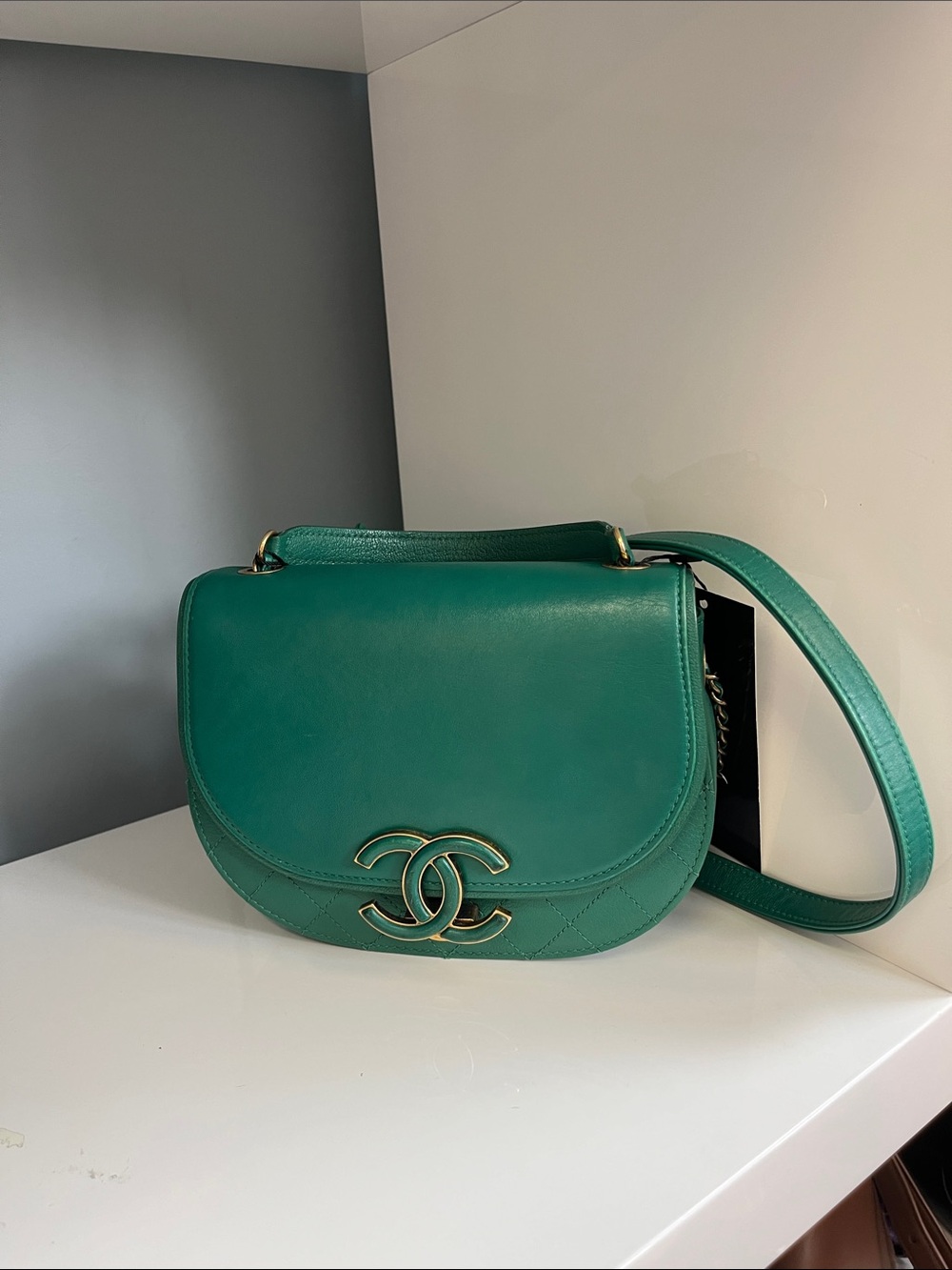 CHANEL Teal Green Leather CC Saddle Shoulder Bag